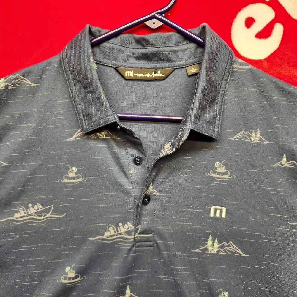 TravisMathew Polo Shirt Mens Large Blue Fishing Lake Mountain Print Golf...